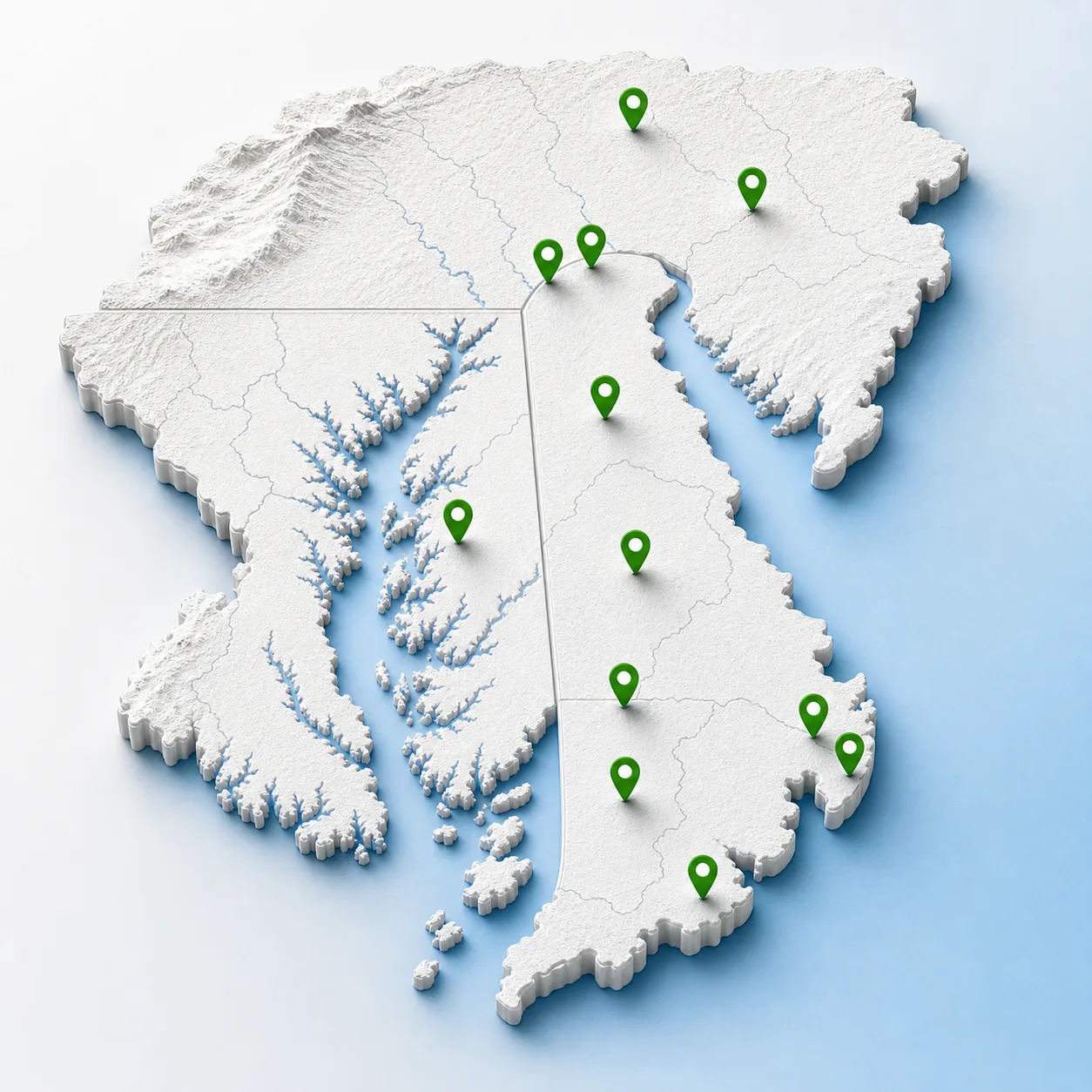 3D regional coverage map for AMI service areas in Delaware, Eastern Maryland, and Southeastern Pennsylvania