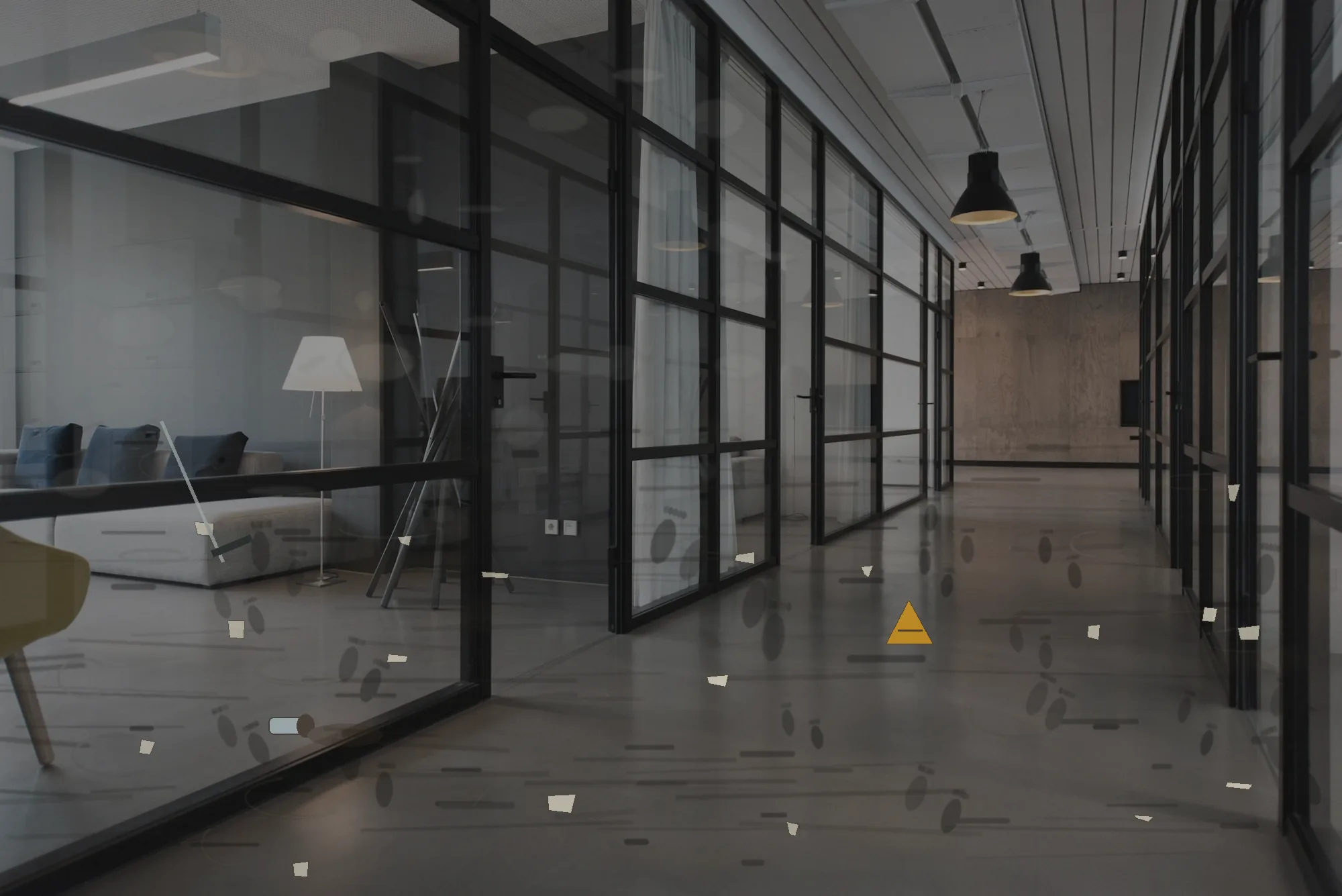 Same floor with visible grime, scuffs, debris and out of place items
