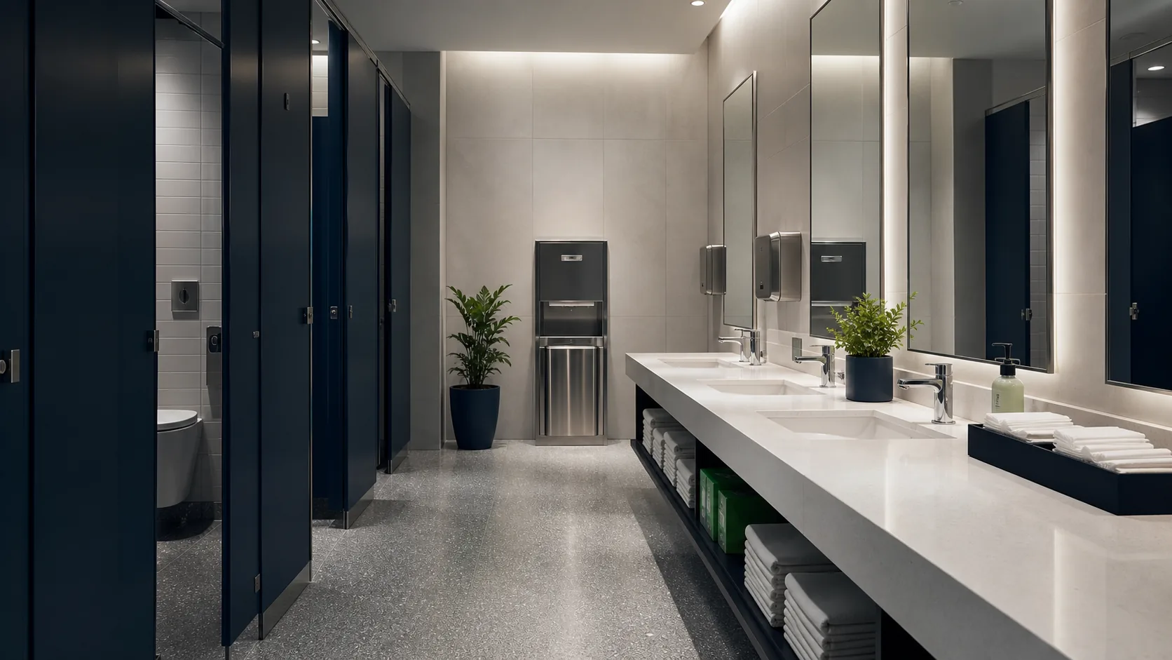 Clean stocked commercial restroom support