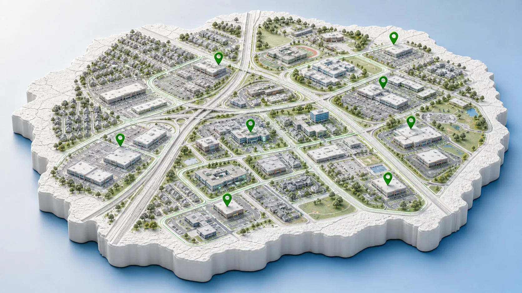 Realistic 3D aerial service-area view for Middletown with growth corridors, retail pads, schools, medical offices, and AMI green pins.