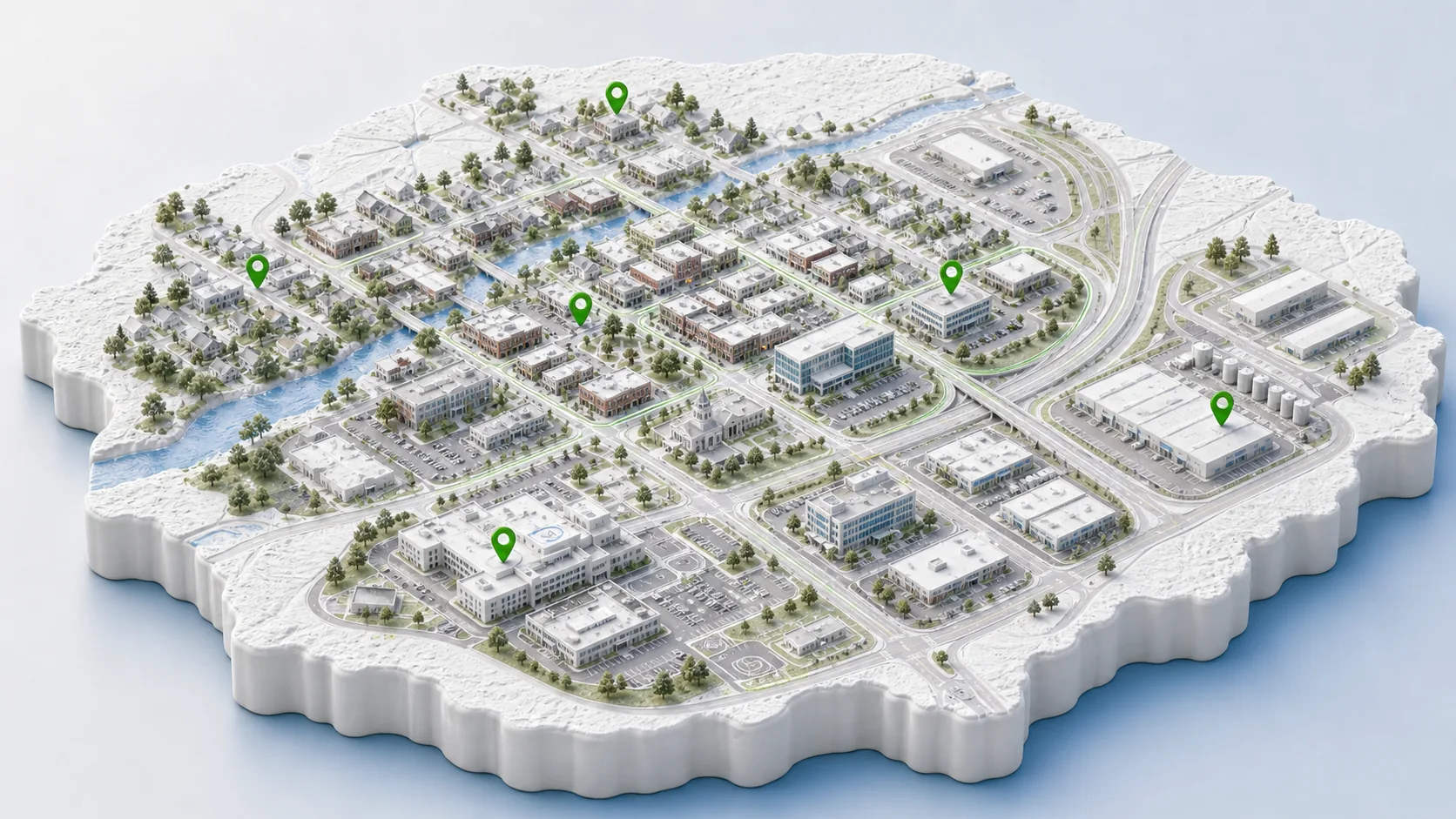 Realistic 3D aerial service-area view for Milford with Mispillion River, healthcare campus, downtown buildings, industrial bays, and AMI green pins.