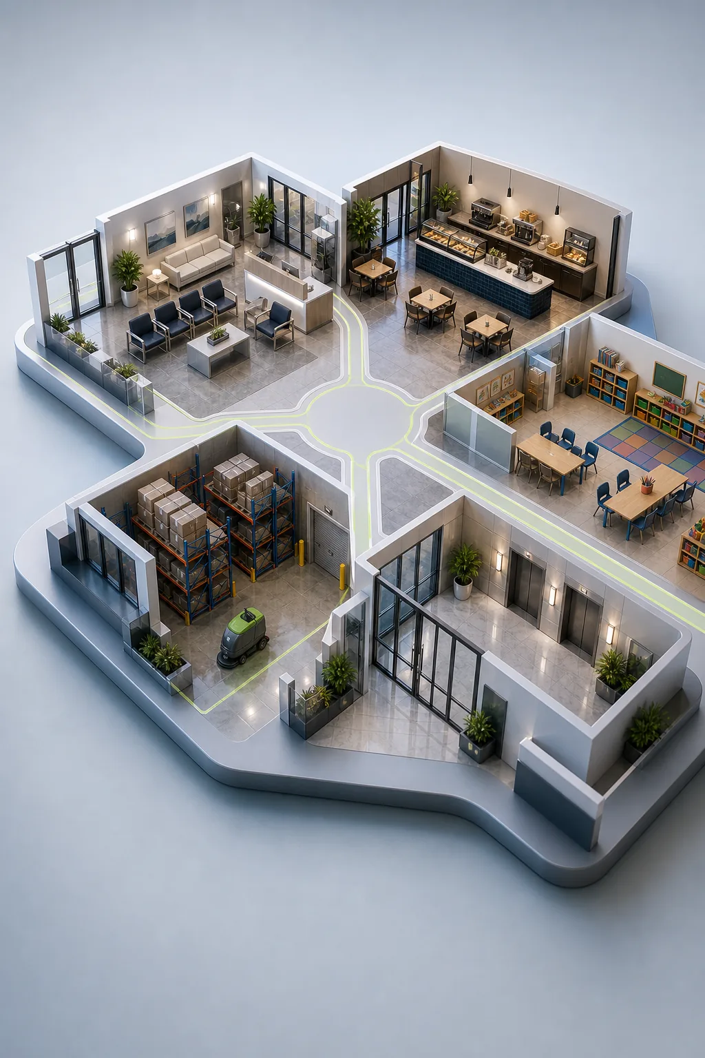 3D aerial AMI commercial cleaning facility map showing a medical office, retail and restaurant area, school classroom, warehouse support area, and property-managed building lobby.
