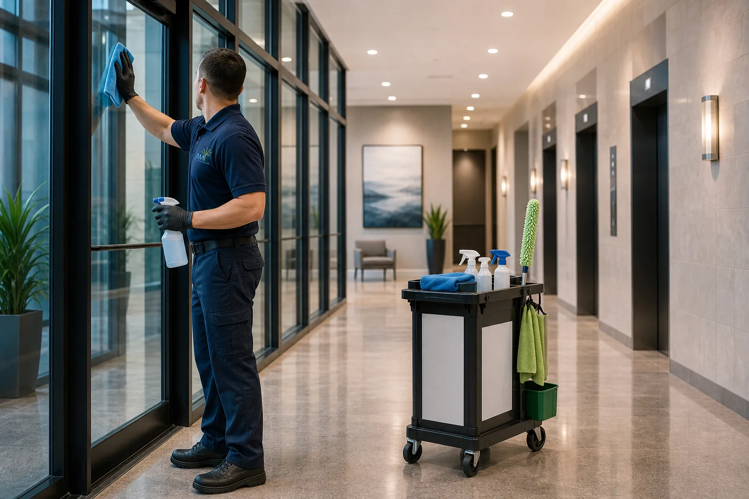 AMI commercial cleaning technician cleaning glass in a property-managed building lobby with AMI logo on the uniform and cleaning cart.