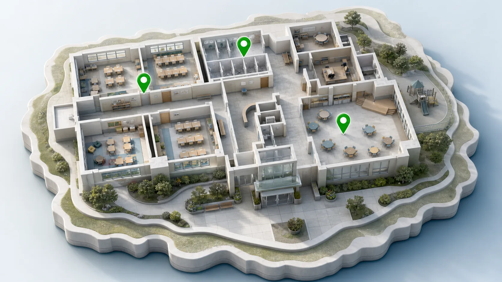 Realistic 3D aerial school and childcare cleaning route map with classrooms, restroom bank, common areas, playground edge, and AMI green pins.