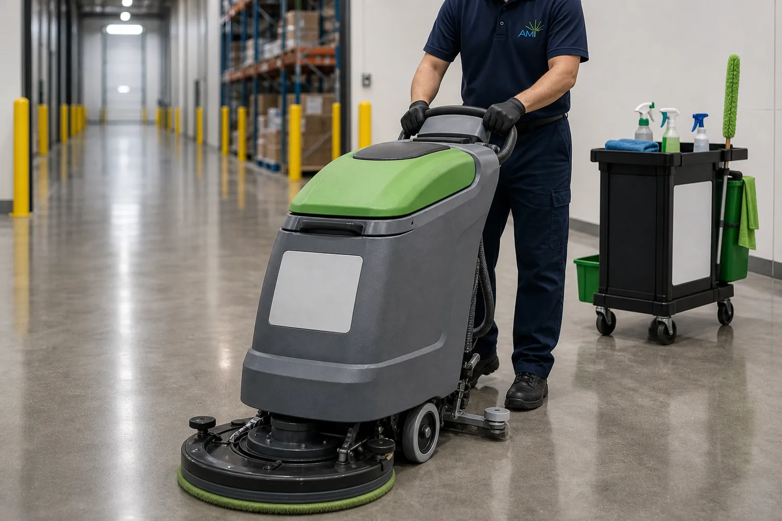 AMI commercial cleaning technician using floor equipment in a warehouse and light industrial facility with AMI logo on uniform and equipment.
